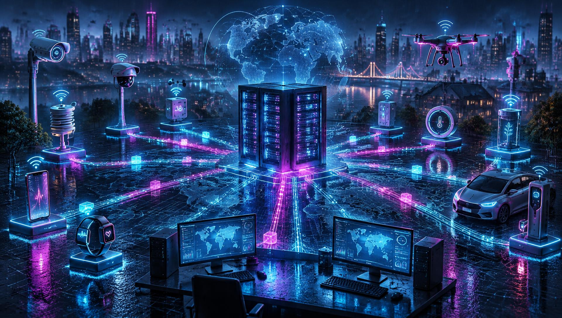 Cyberpunk network of IoT devices, servers and computers linked by glowing data signals